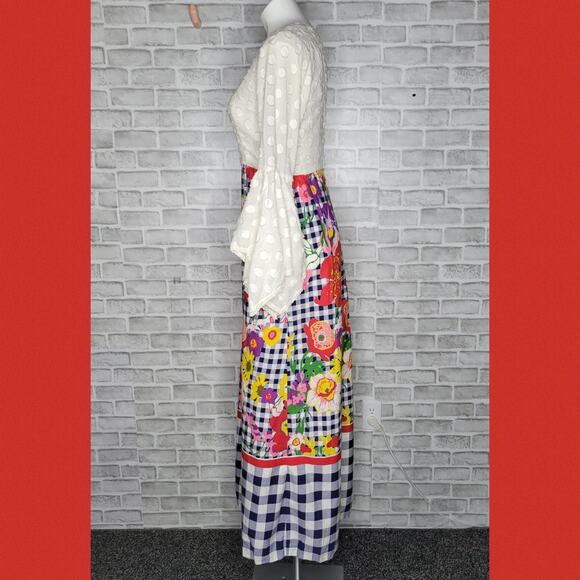 Vintage 60s Floral Gingham Psychedelic Bell Sleeve Maxi Dress - Picture 2 of 4